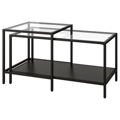 VITTSJÖ סט שולחנות/2 יחידות, שחור-חום/זכוכית, ‎90x50 ס"מ‏