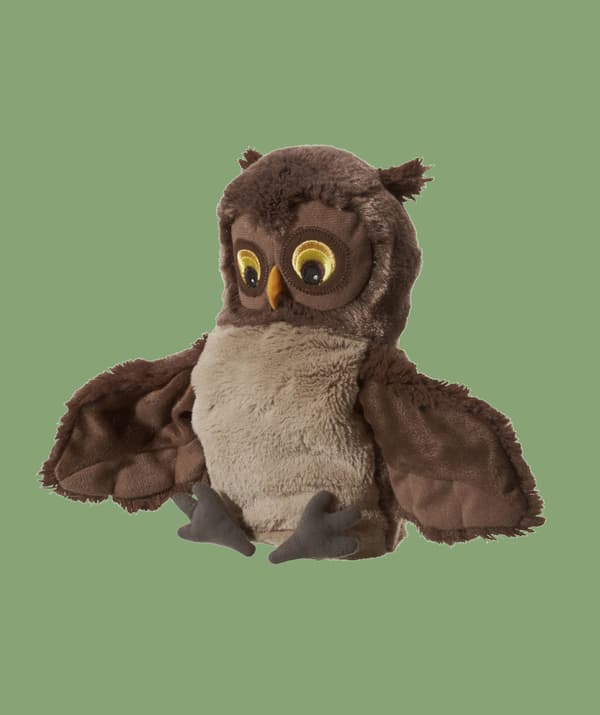 ตุ๊กตาผ้ารูปนกฮูกสีน้ำตาลอยู่บริเวณพื้นหลังสีเขียว