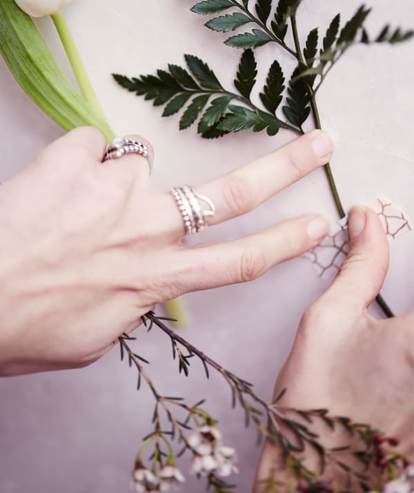 ติดก้านดอกไม้เข้ากับผนังสีขาวด้วยเทปลายสีโทนเดียว