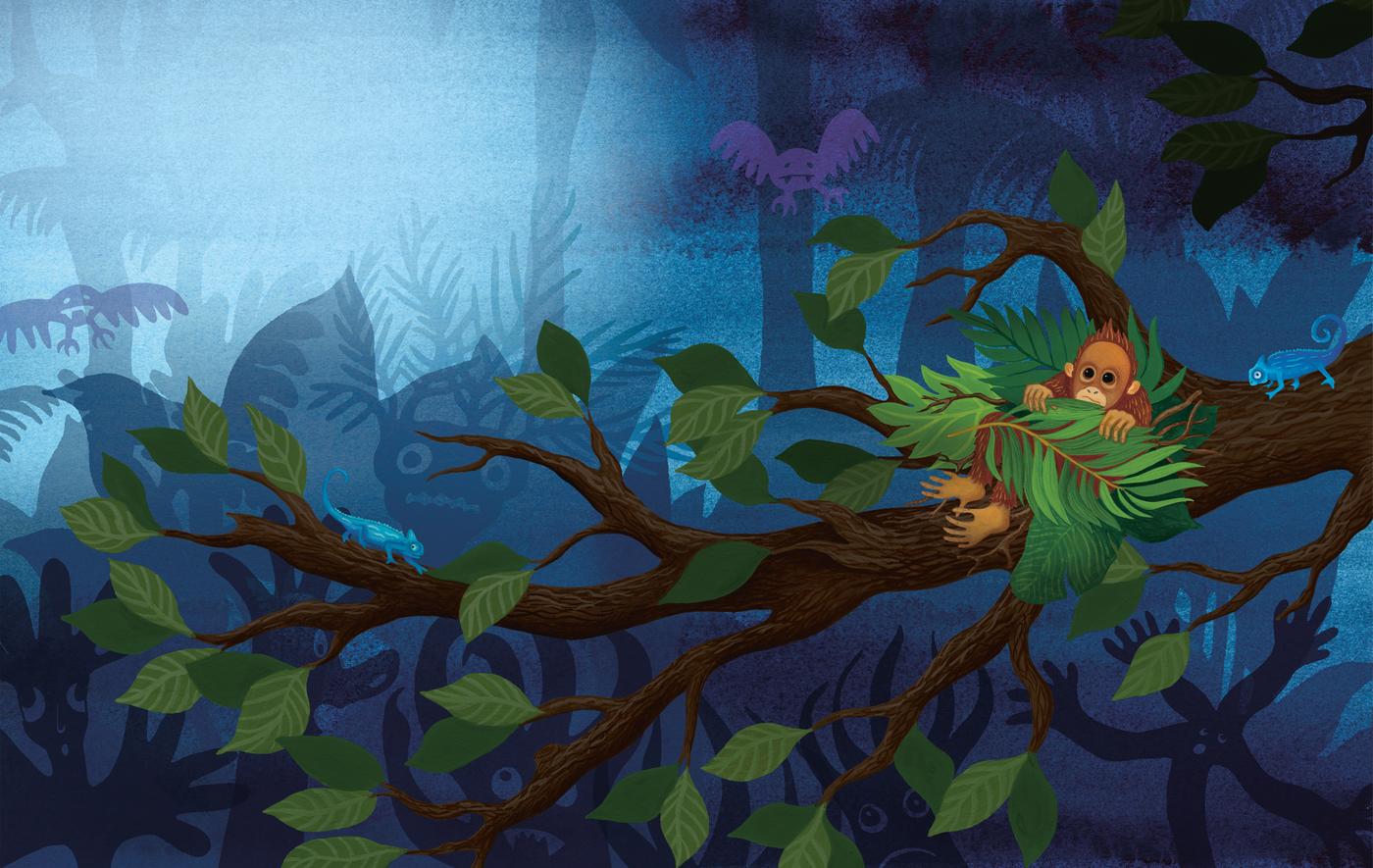 ภาพประกอบสีสันสดใสของลิงอุรังอุตังตัวน้อยซ่อนตัวอยู่ที่ต้นไม้ในความมืด