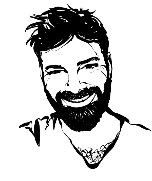 ภาพร่างสีขาวดำของศีรษะและไหล่ของผู้ชายสวมเสื้อยืดคอวี ผมสั้น มีหนวดเครา ยิ้มกว้าง