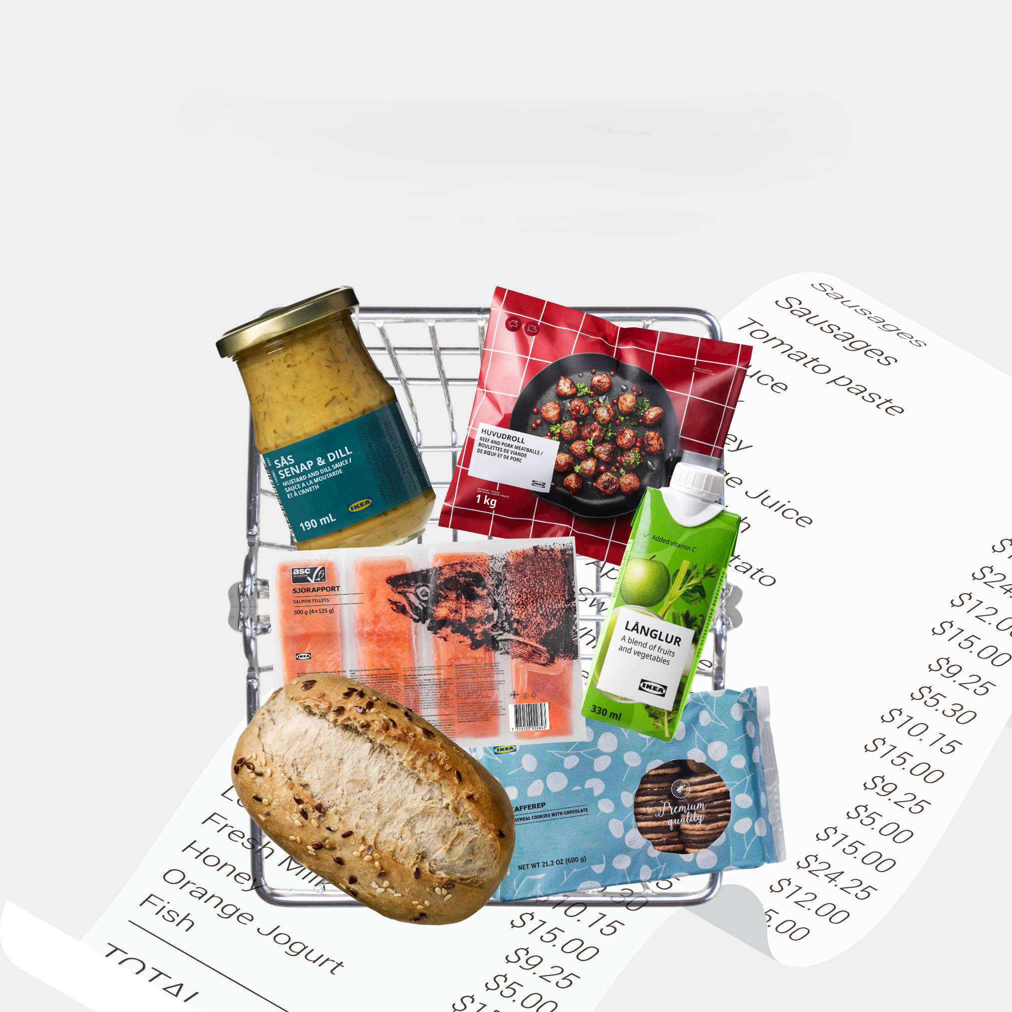 쇼핑 카트 안에 이케아 푸드 마켓의 다양한 식료품이 담겨 있는 이미지
