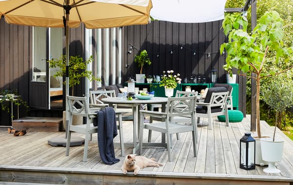 ลานบ้านกว้างที่ตกแต่งให้เป็นห้องนั่งเล่นด้วยโต๊ะ เก้าอี้ ต้นไม้ อุปกรณ์จัดเก็บ แสงไฟ และแมวนอนอยู่ด้านหน้า