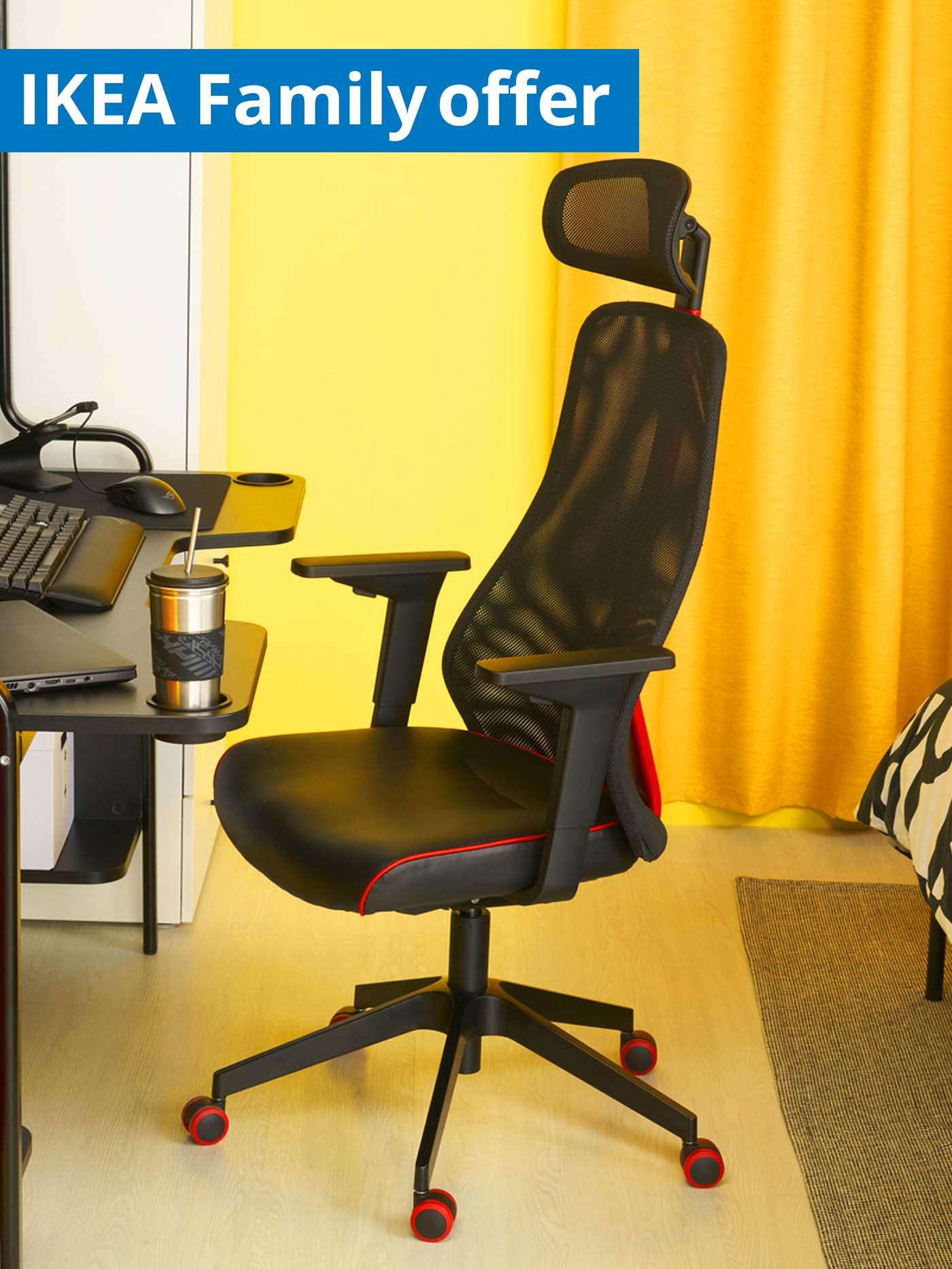 1 - 25 August IKEA Family offer. Bomstad black MATCHSPEL gaming chair in study room.