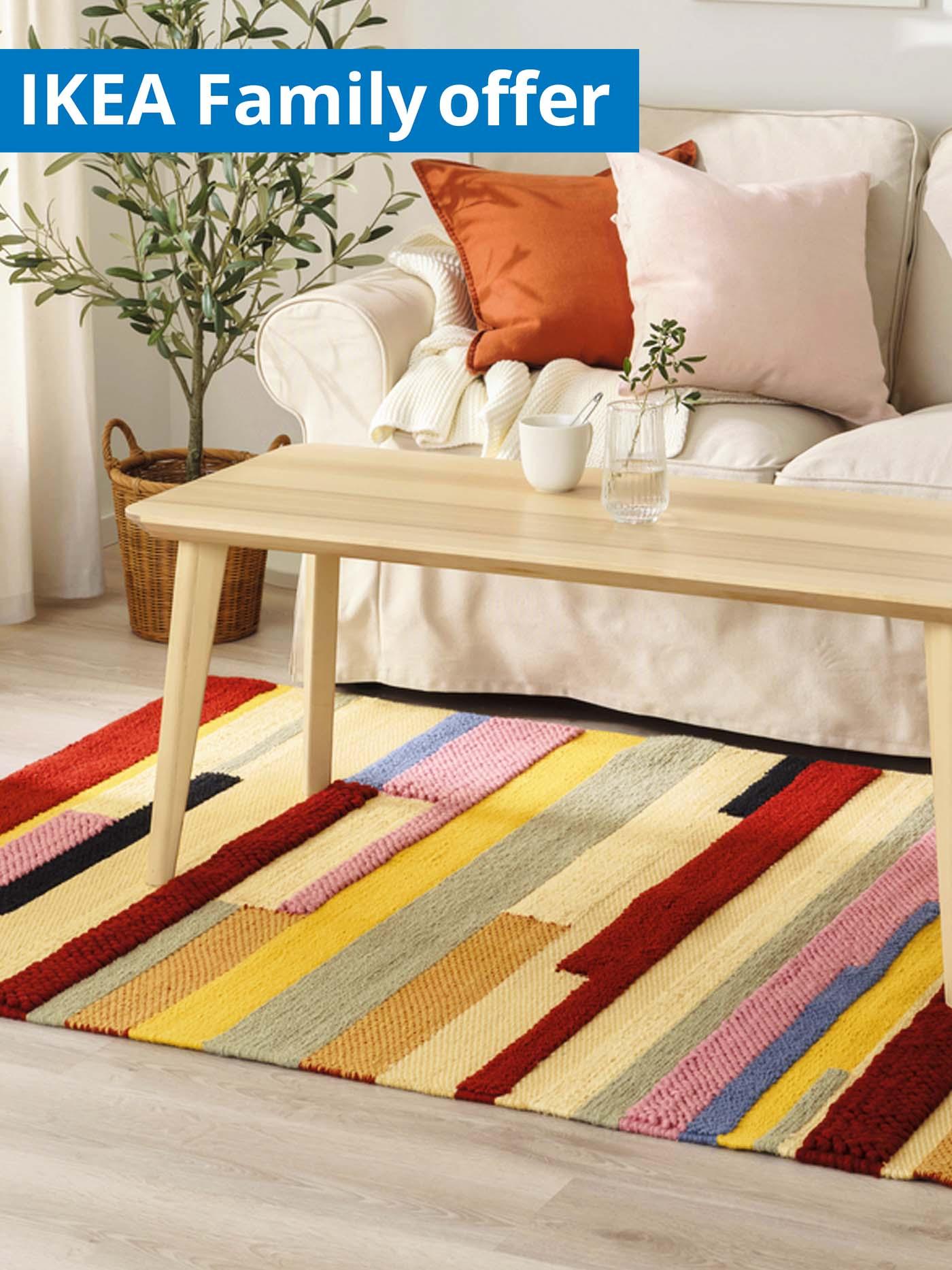 1 - 25 August IKEA Family offer. IKEA BRONDEN rug, multicolour in the living room.