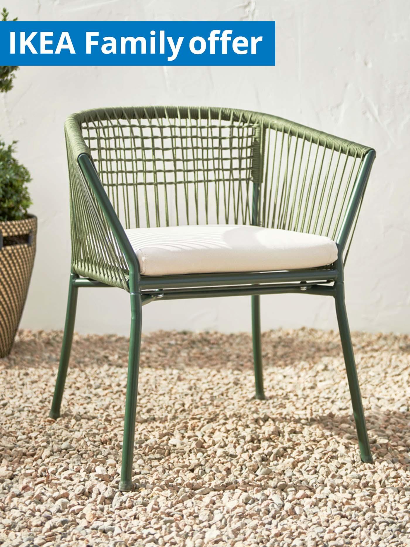 1 - 25 August IKEA Family offer. Outdoor patio/balcony features IKEA dark green SEGERÖN chair with armrests.