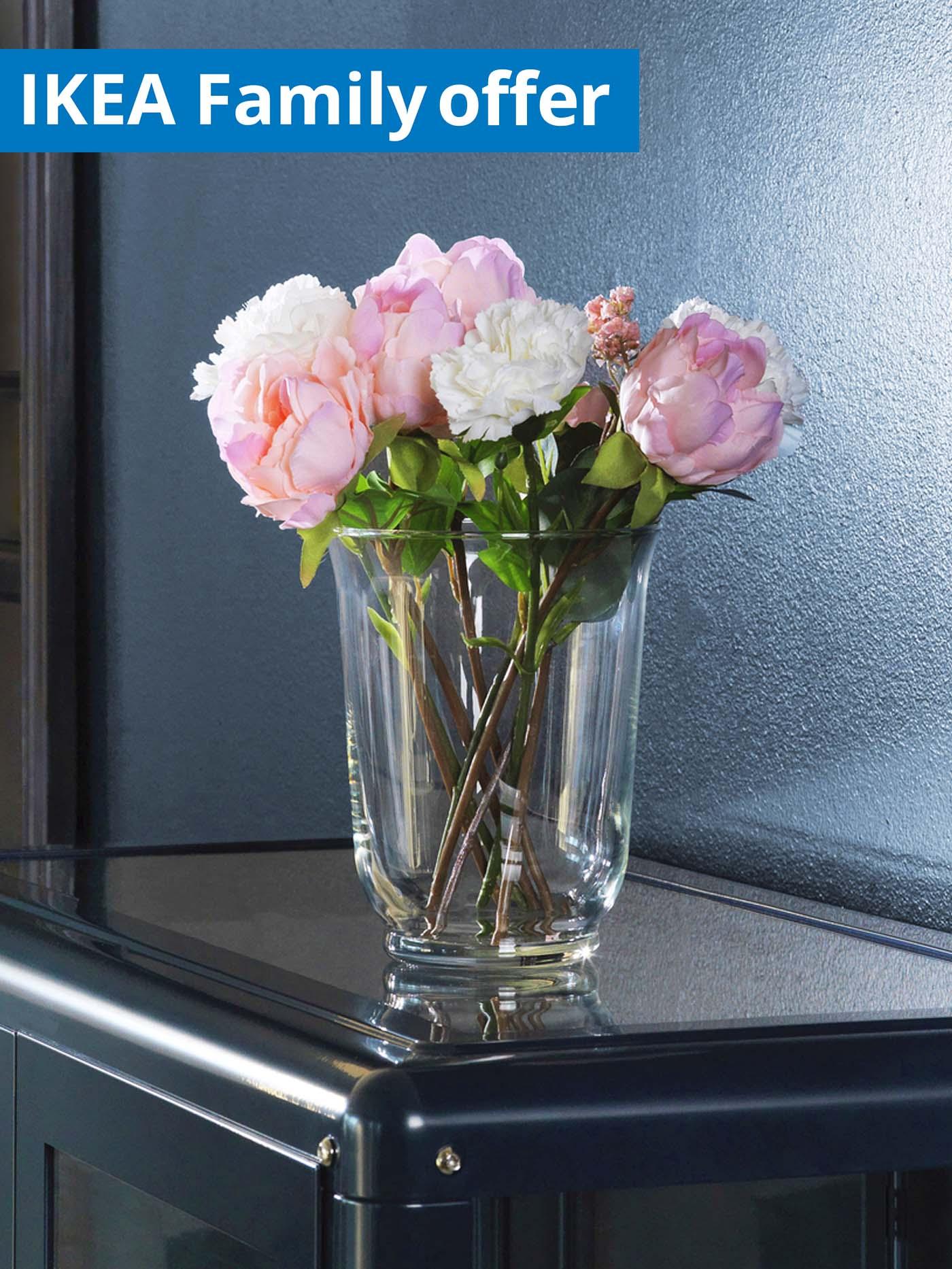 1 - 25 August IKEA Family offer. Pink flowers are placed in a clear glass POMP vase.