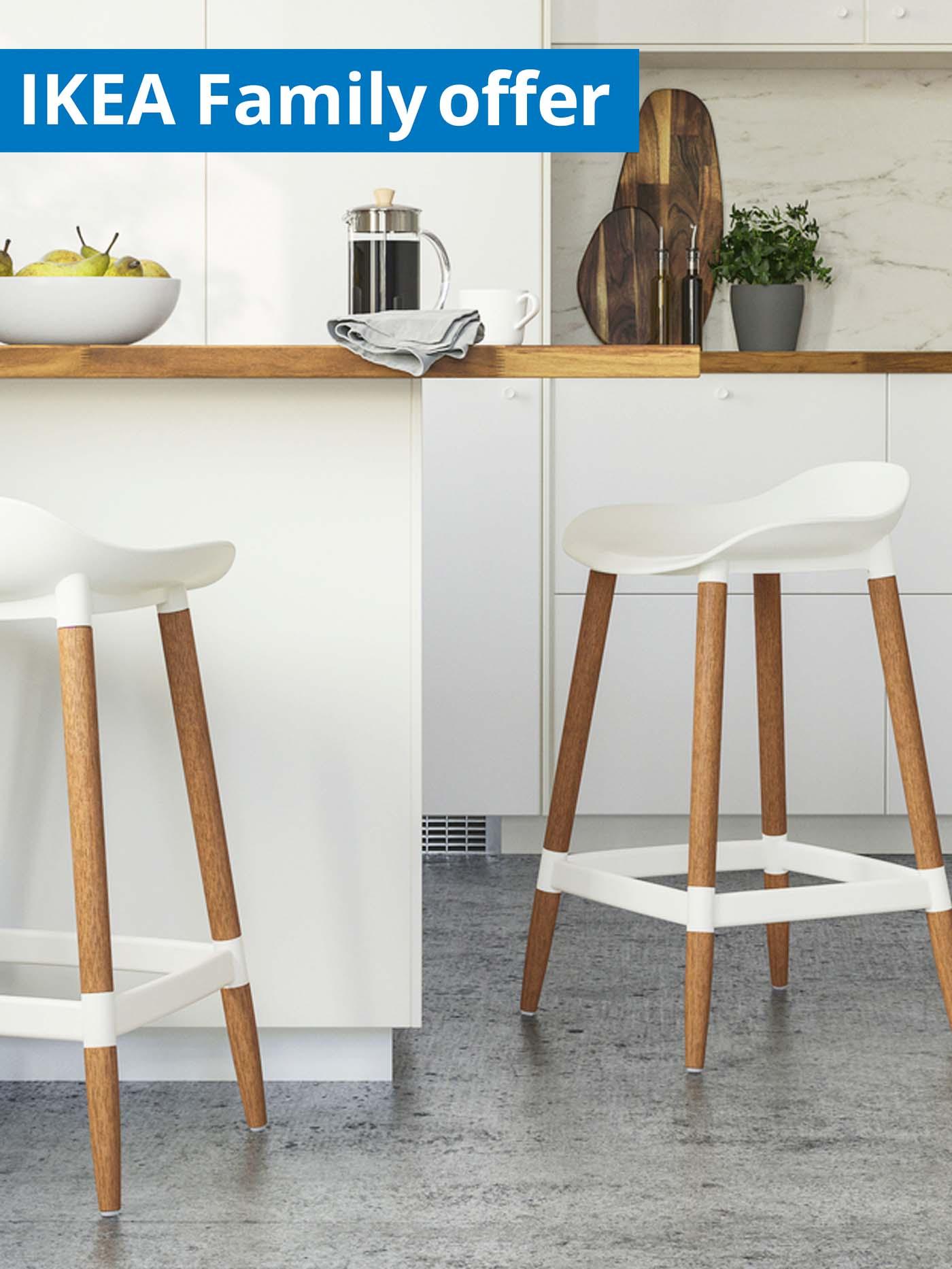 1 - 25 August IKEA Family offer. Two white GRONSTA bar stools at kitchen area.