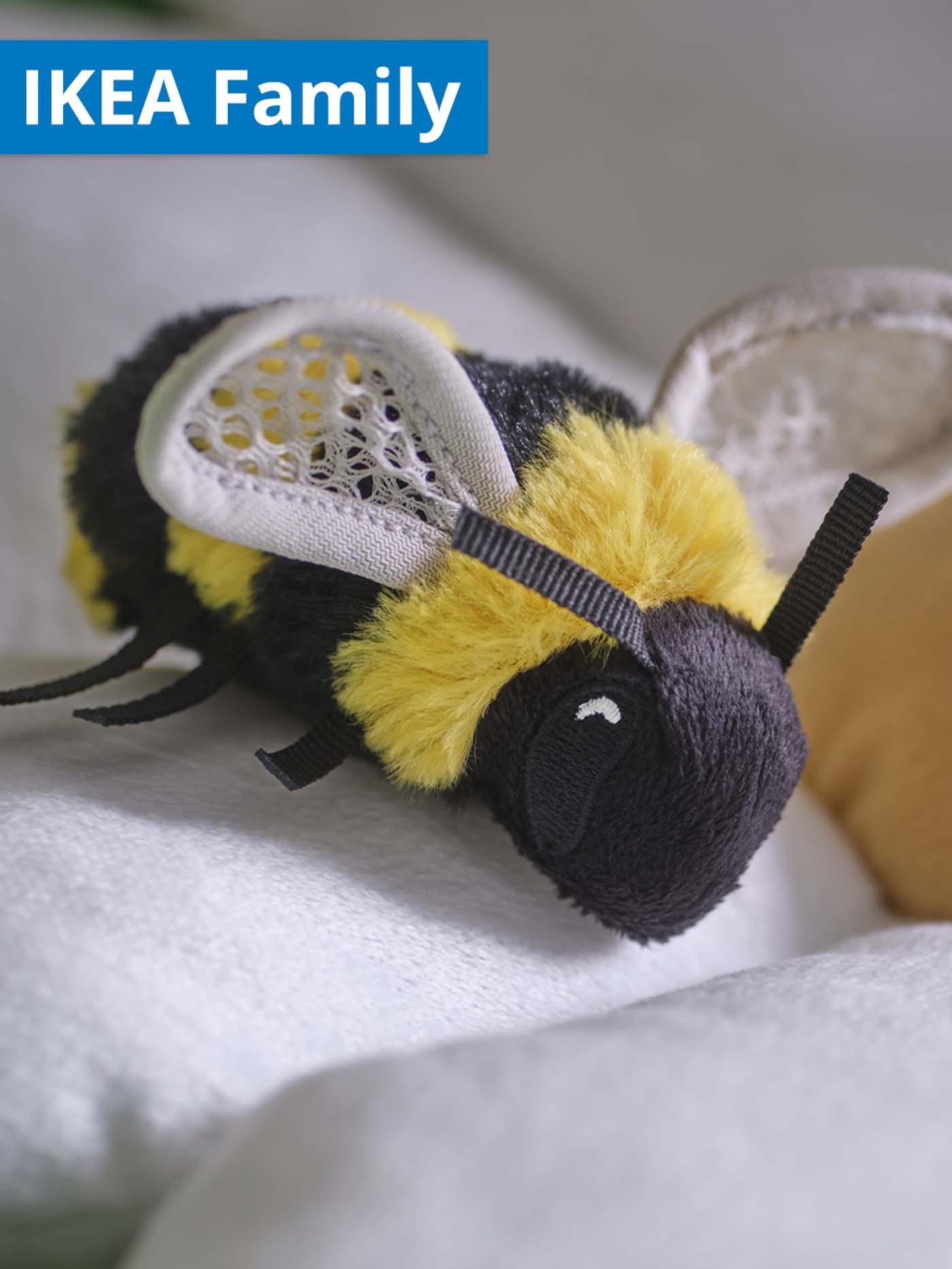 1 - 30 June IKEA Family offer. Close-up shot of IKEA SKOGSDUVA bumble bee soft toy.
