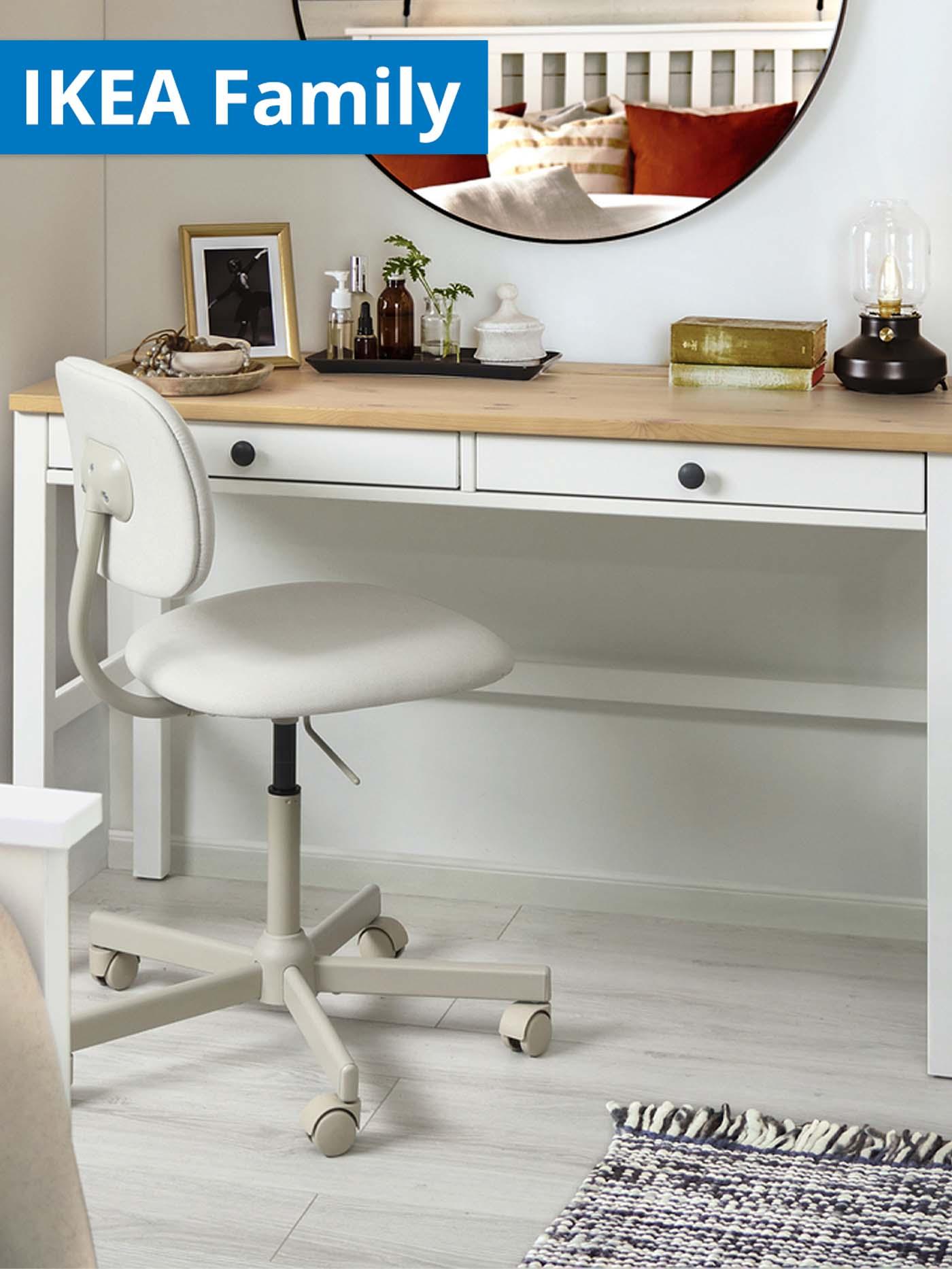 1 - 30 June IKEA Family offer. Idekulla beige BLECKBERGET with white-stained HEMNES desk in the study room.