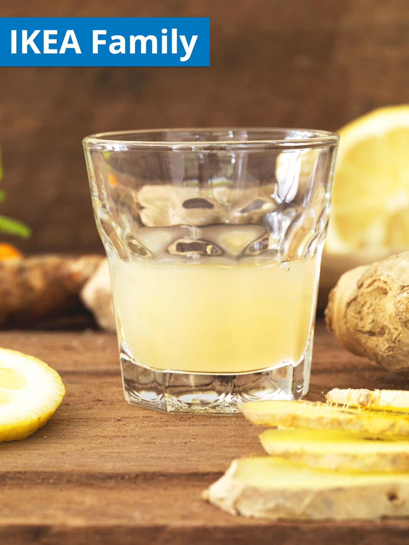 1 - 30 June IKEA Family offer. Lemonade is served in an IKEA transparent POKAL glass for drinking.