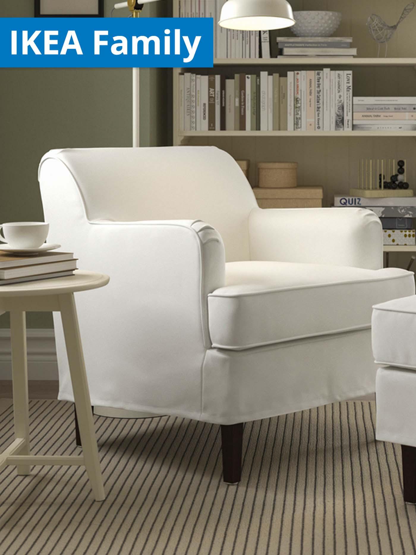 1 - 30 June IKEA Family offer. ROCKSJÖN armchair in Kilanda light beige in the living room.