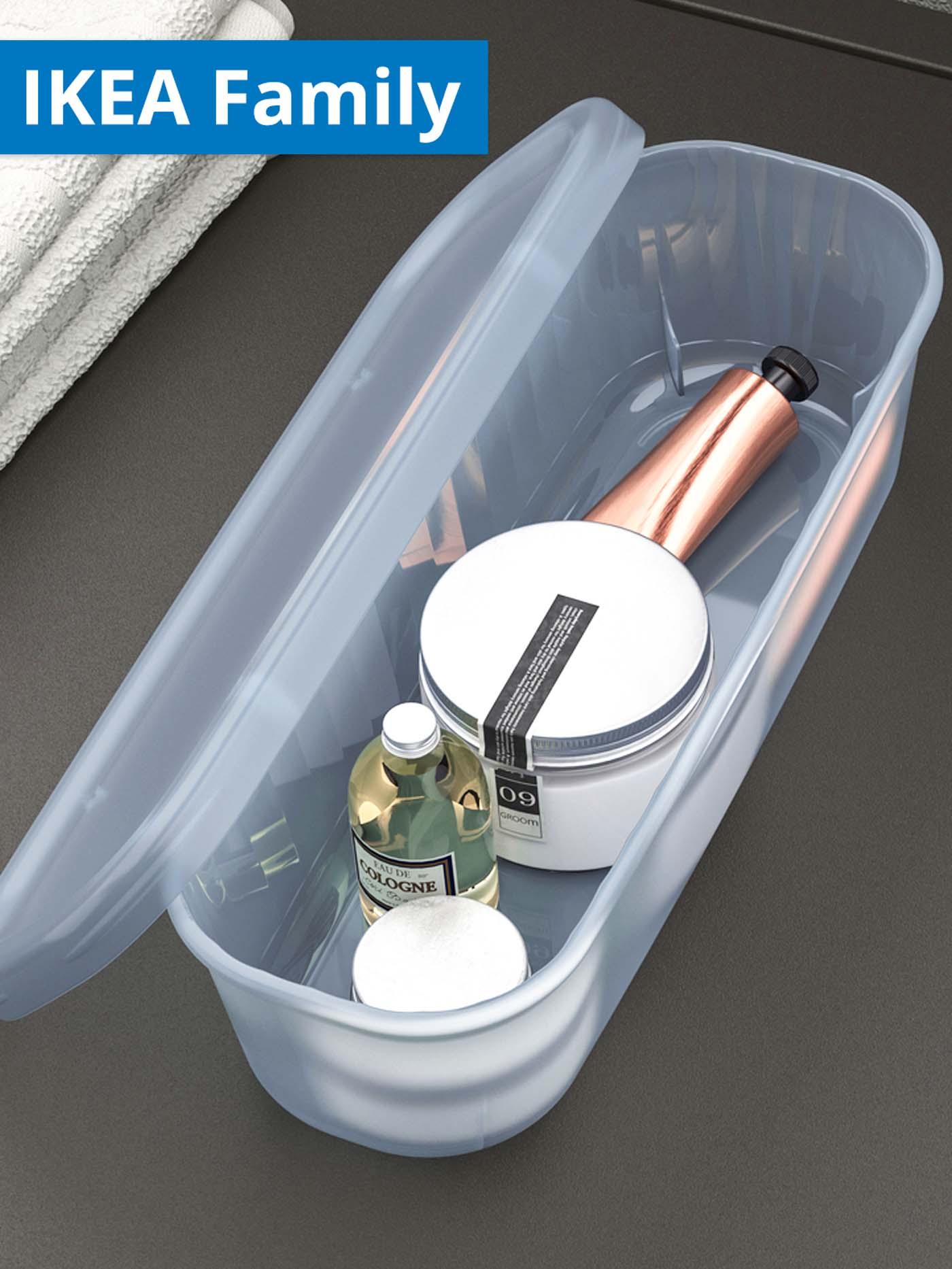 1 - 30 June IKEA Family offer. Small bottle of perfume and skincare jars in RYKTA storage box with lid.