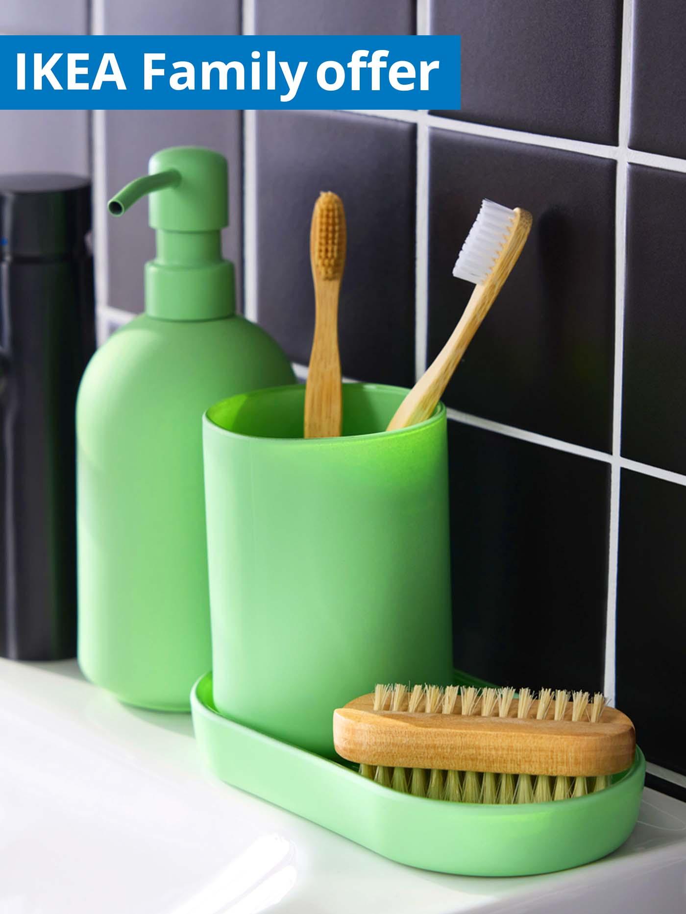 1 - 31 July IKEA Family offer. GANSJON bathroom, set of 3, in light green on bathroom sink.