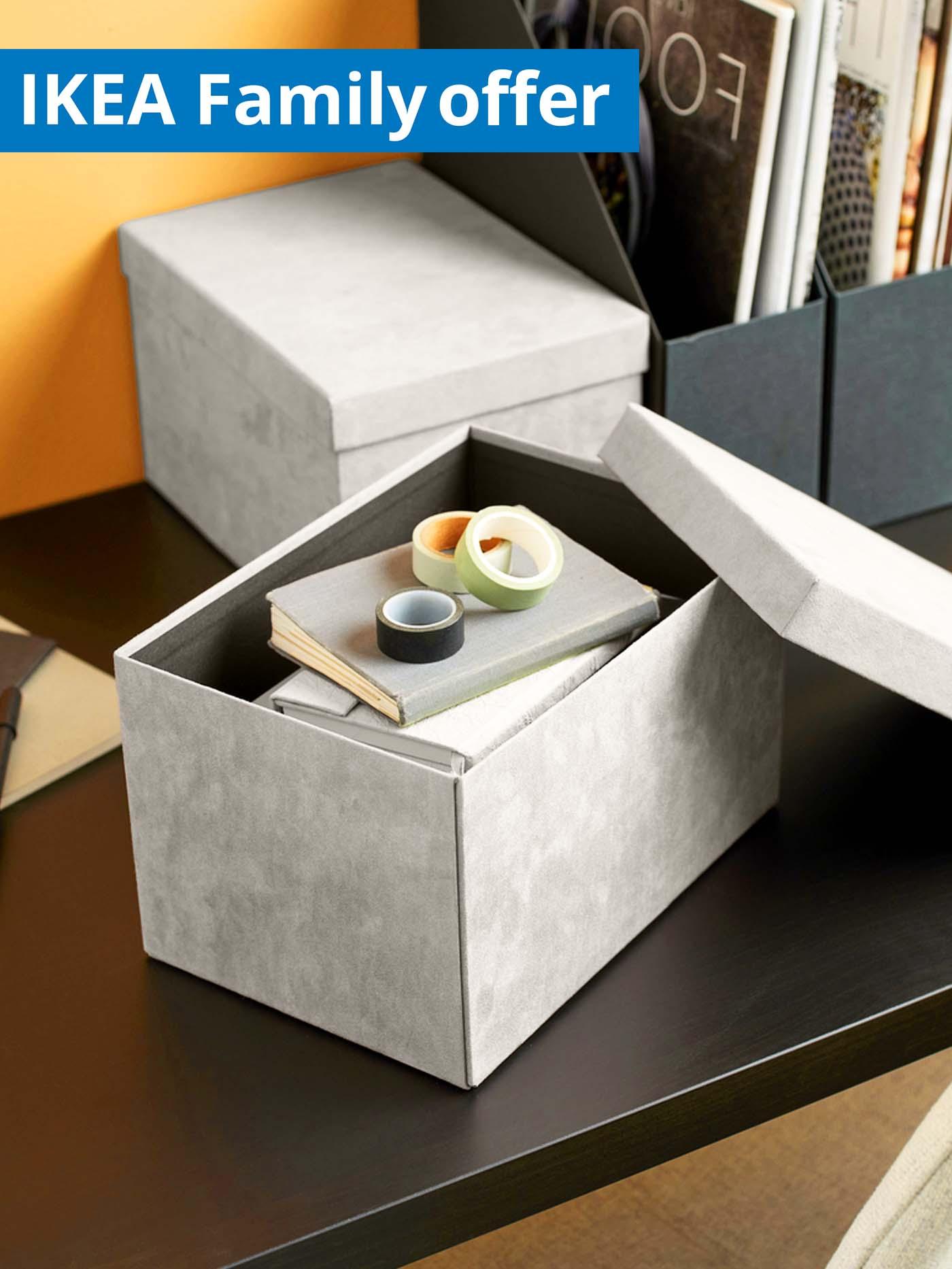 1 - 31 July IKEA Family offer. GJÄTTA storage box with lid, 25 cm, velvet light grey.