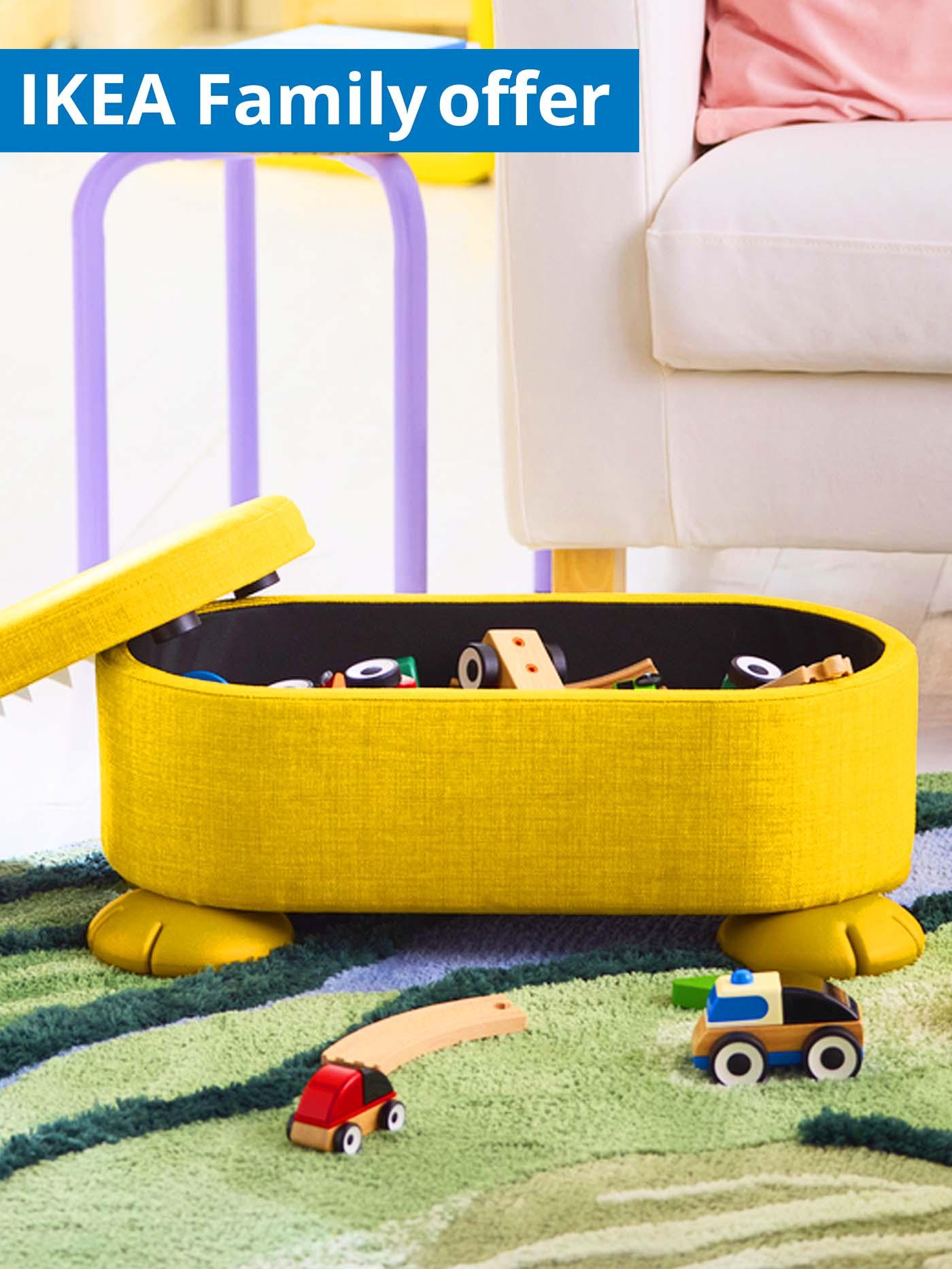 1 - 31 July IKEA Family offer. GREJSIMOJS pouffe with storage, 24 cm, yellow in children's room.