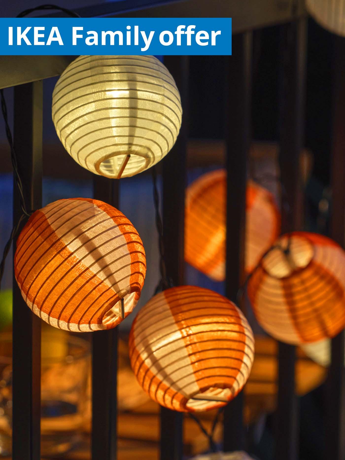 1 - 31 July IKEA Family offer. LED lighting chain with 24 lights, 7.0 m, solar-powered globe in orange pink.