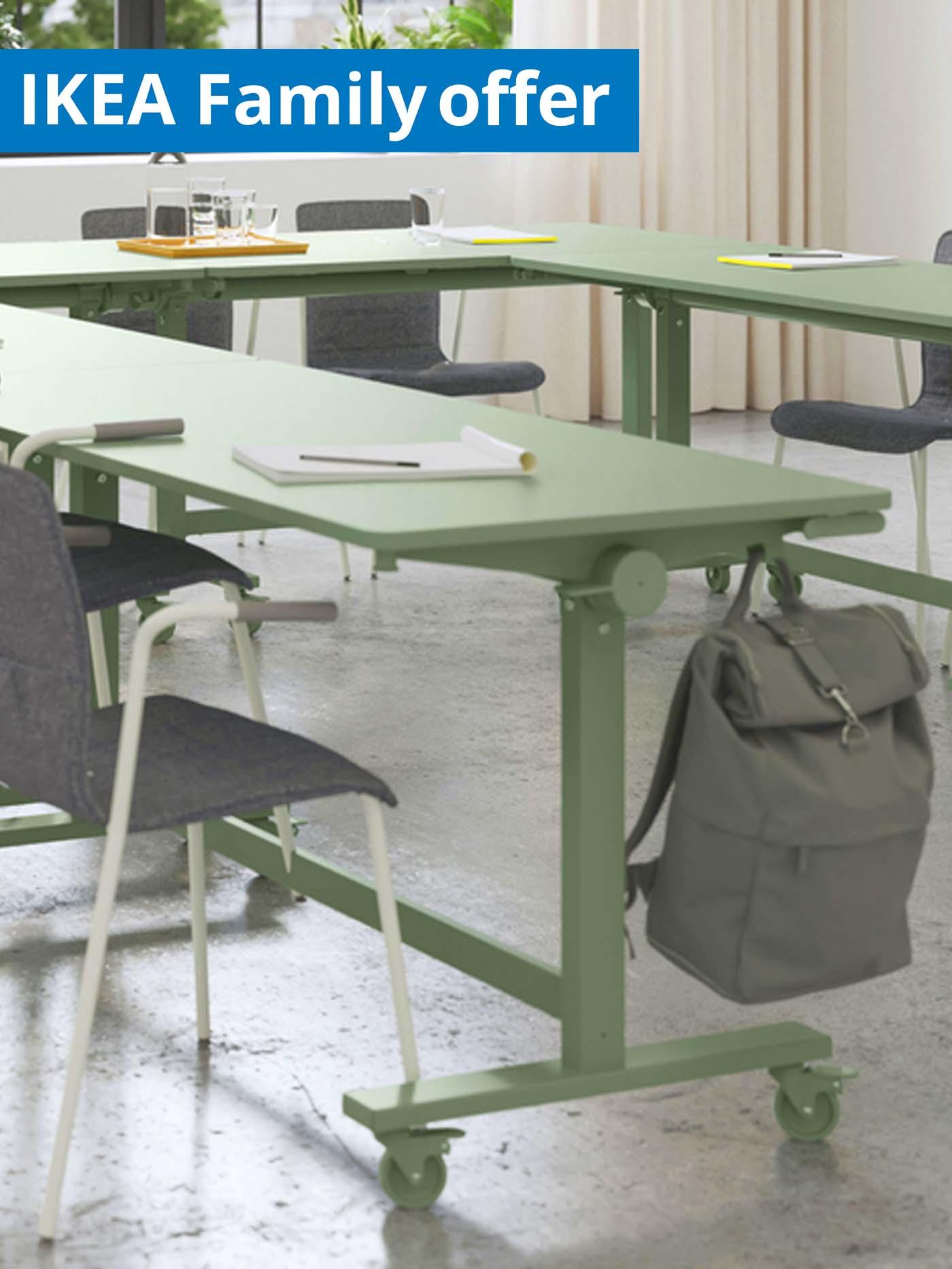 1 - 31 July IKEA Family offer. MITTZON foldable table with castors, 140x70cm, in green.