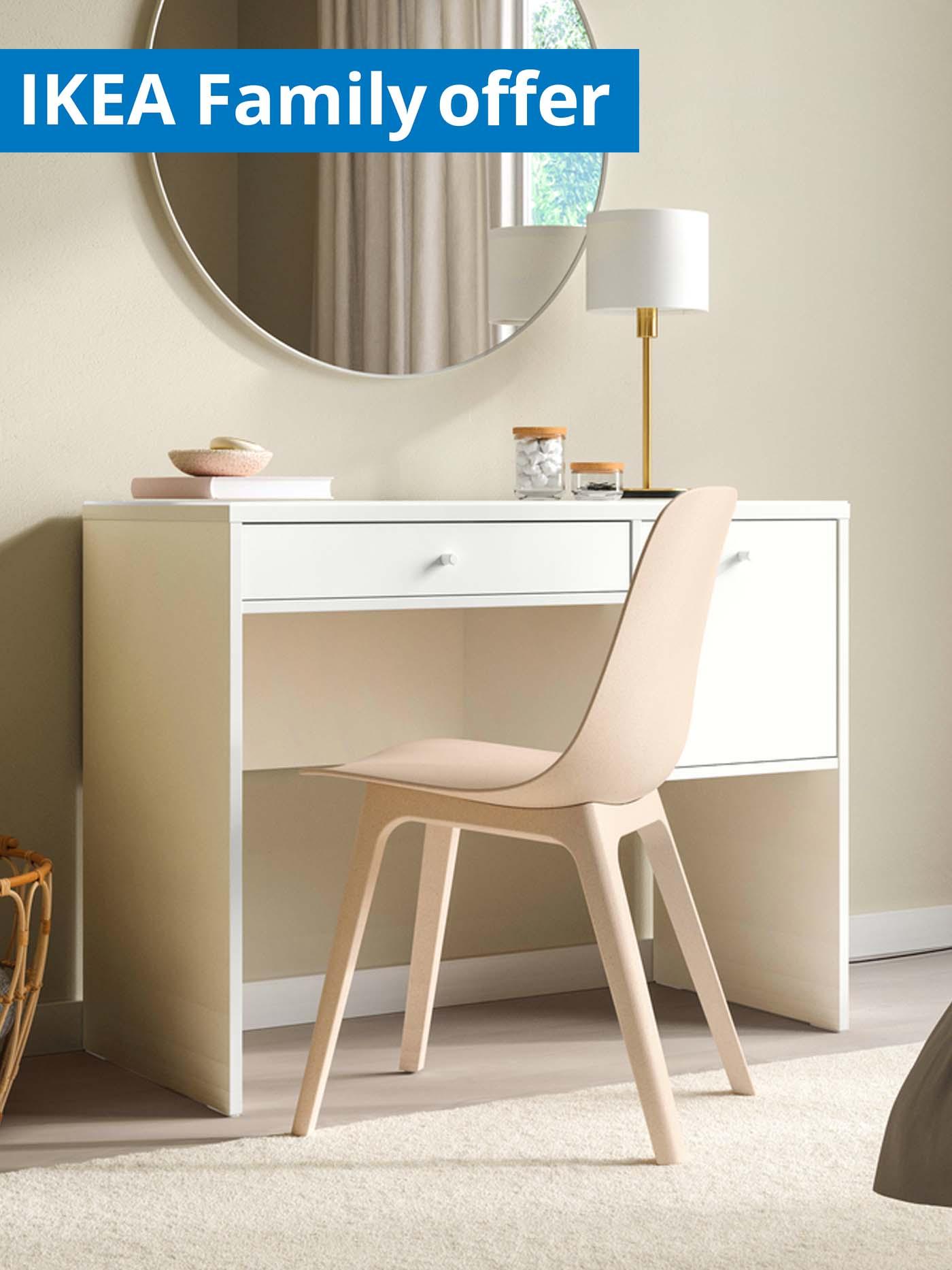 1 - 31 July IKEA Family offer. SYVDE dressing table in bedroom, 100x48cm, in white.