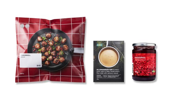 1 kg mražených masových kuliček v sáčku, sušená směs na přípravu smetanové omáčky a sklenice brusinkového džemu.