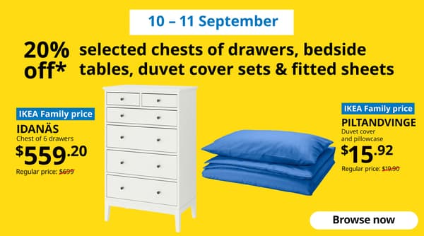 10-11 September 2025. IKEA 9.9 product offers for IKEA Family Fest. White IDANAS chest of 6 drawers and blue PILTANDVINGE duvet cover and pillowcase.
