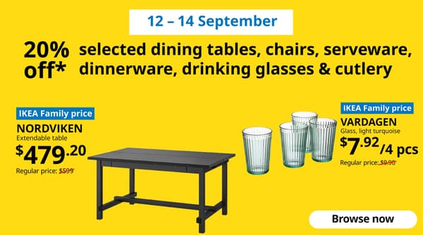 10-11 September 2025. IKEA 9.9 product offers for IKEA Family Fest. Black NORDVIKEN extendable table and light turquoise VARDAGEN set of 4 glasses.