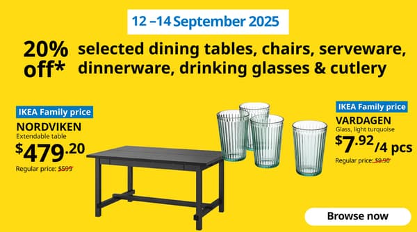 10-11 September 2025. IKEA 9.9 product offers for IKEA Family Fest. Black NORDVIKEN extendable table and light turquoise VARDAGEN set of 4 glasses.