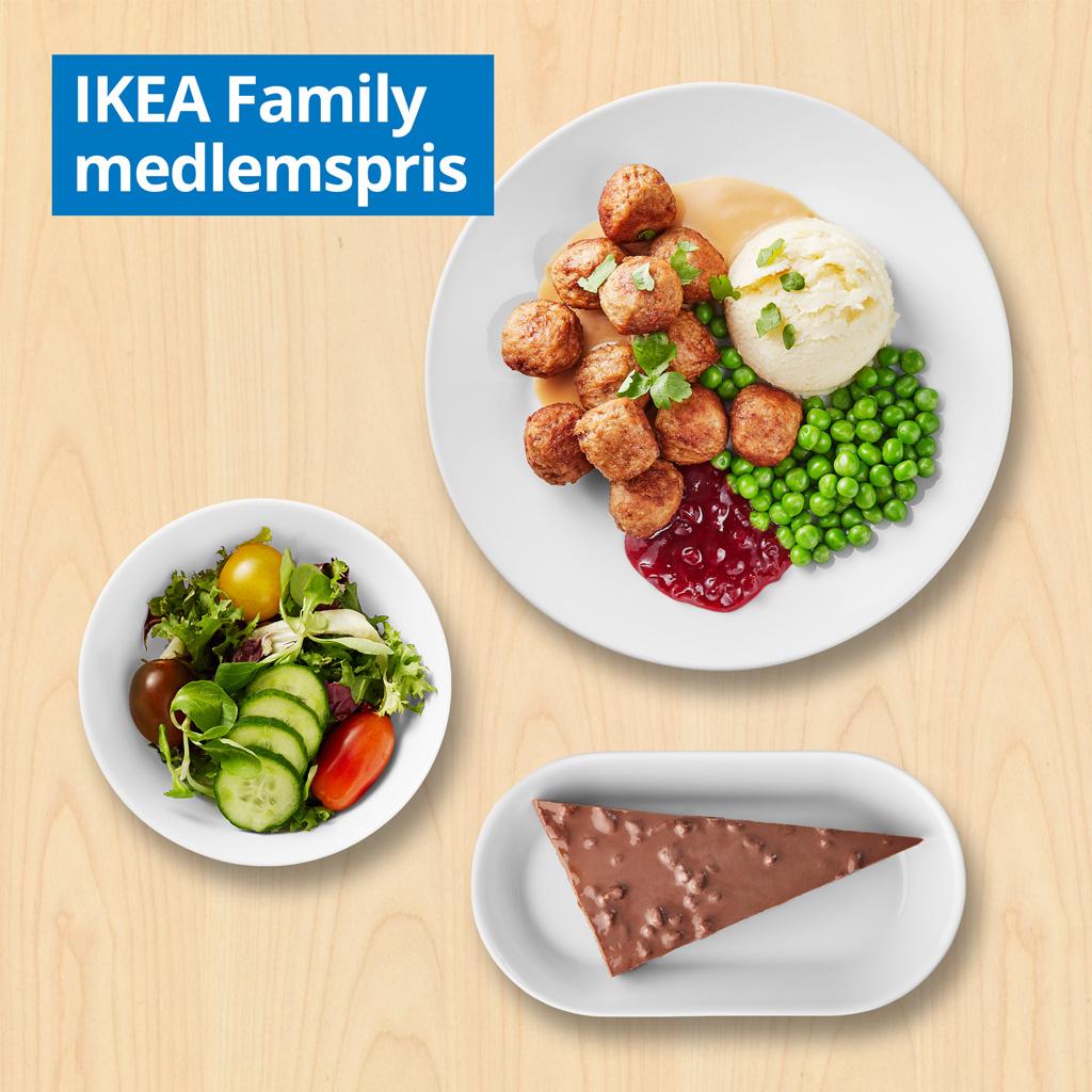 12 kødboller med kartoffelmos, ærter, flødesauce og tyttebærsyltetøj, grøn salat samt glutenfri Daimkage. IKEA Family medlemspris: 99.- Ikke-medlemspris: 108.-