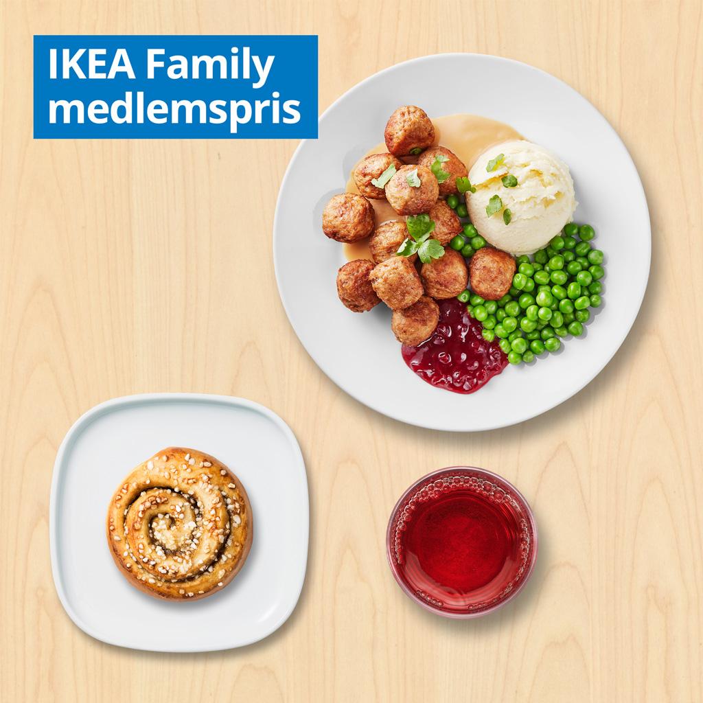 12 kødboller med kartoffelmos, ærter, flødesauce og tyttebærsyltetøj, kanelsnegl samt fri læskedrik. IKEA Family medlemspris: 69.- Ikke-medlemspris: 80.- 
Gælder alle hverdage mellem kl. 11-16. 