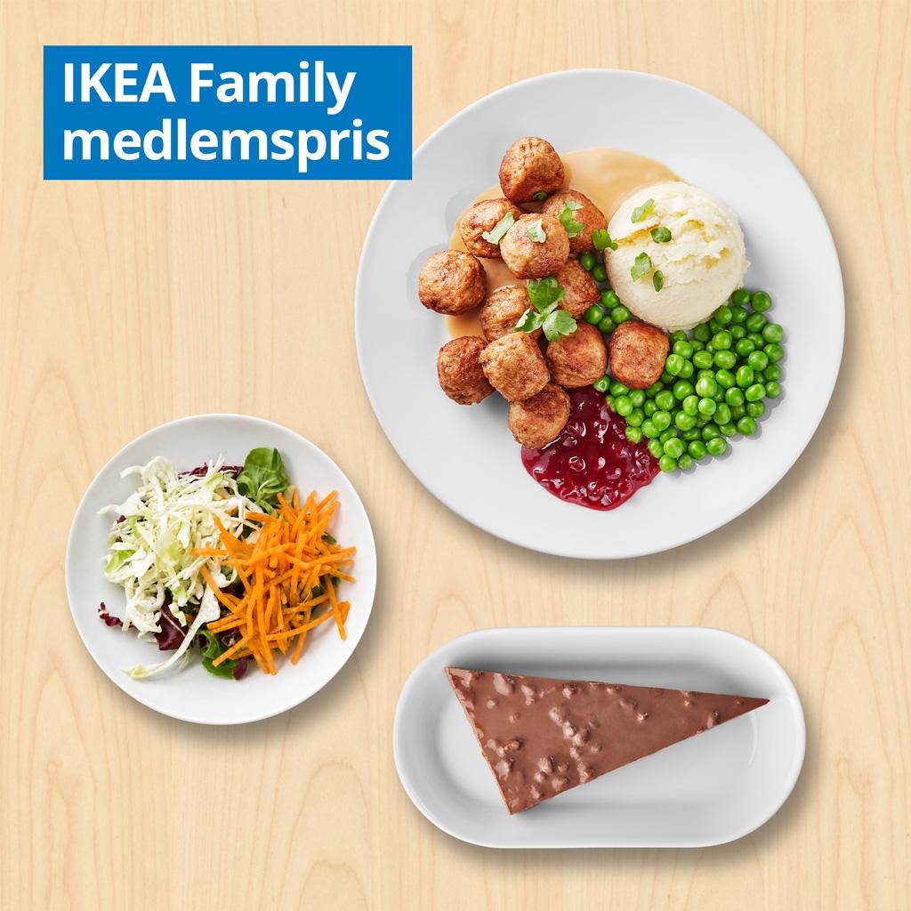 12 kødboller med kartoffelmos, ærter, flødesauce og tyttebærsyltetøj, sommersalat samt glutenfri Daimkage. IKEA Family medlemspris: 99.- Ikke-medlemspris: 108.-