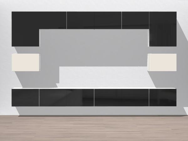 2 Besta Regale hängen an einer Wand das obere hat eine U Form und hat schwarze Fronten und das untere ist gerade und hat ebenfalls schwarze Fronten.