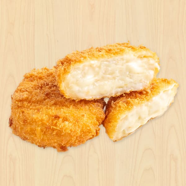 2 pieces of cheese croquette, one which is opened into halves.
