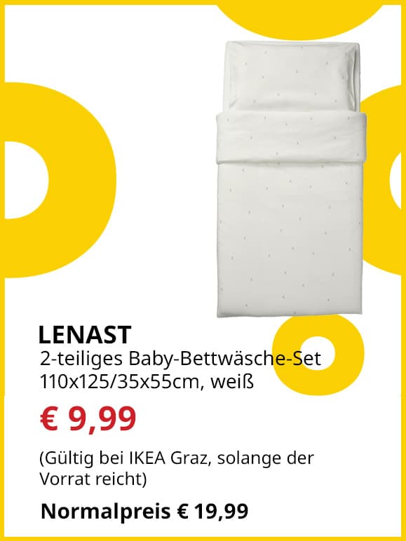 2-teiliges Baby-Bettwäsche-Set Lenast, 110x125 / 35x55cm, weiß statt € 19,99 um € 9,99.
