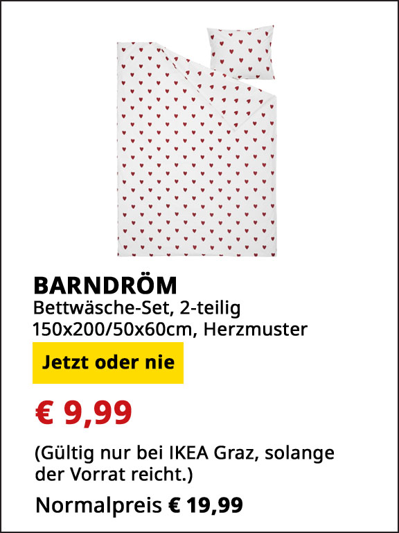 2-teiliges Bettwäsche-Set Barndröm, 150x200/ 50x60cm, Herzmuster rot weiß, statt  € 19,99 um € 9,99.