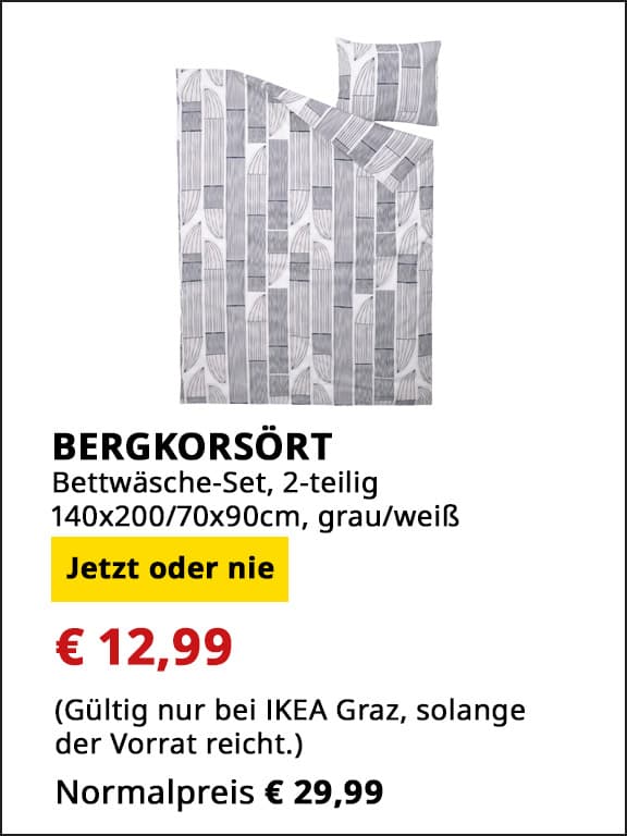 2 teiliges Bettwäsche-Set Bergskorsört, 140x200 / 70x90cm, grau/weiß, statt € 29,99 um € 12,99.