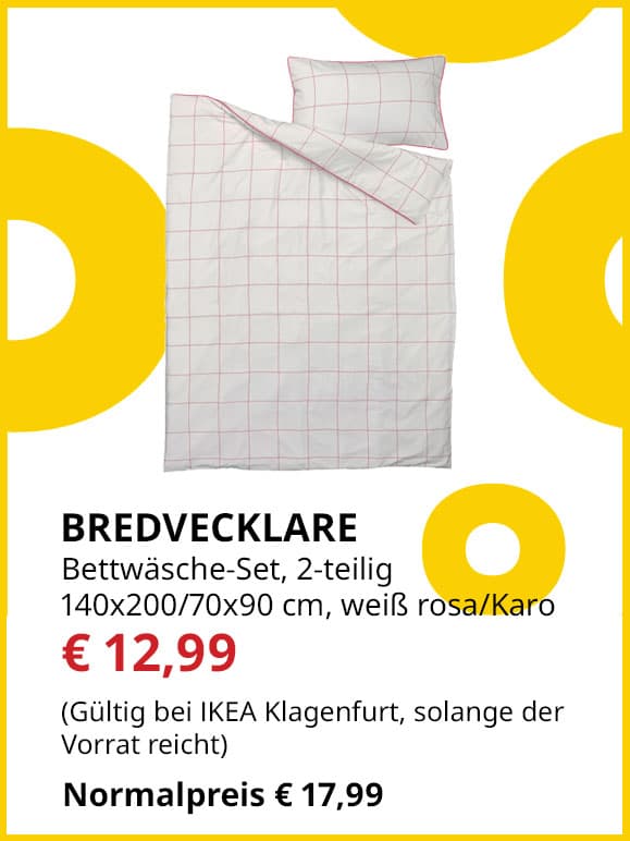 2-teiliges Bettwäsche-Set Bredvecklare, 140x200/70x90cm, weiß/rosa, statt € 17,99 um € 12,99.
