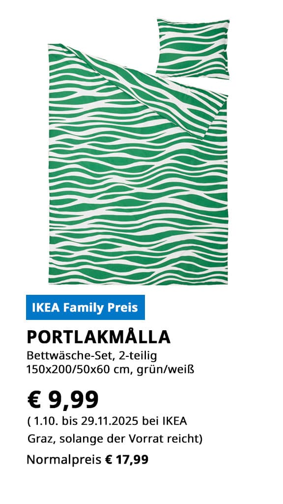 2 teiliges Bettwäsche-Set Portlakmålla, 150x200/50x60 cm, grün weiß, statt € 17,99 um € 9,99.