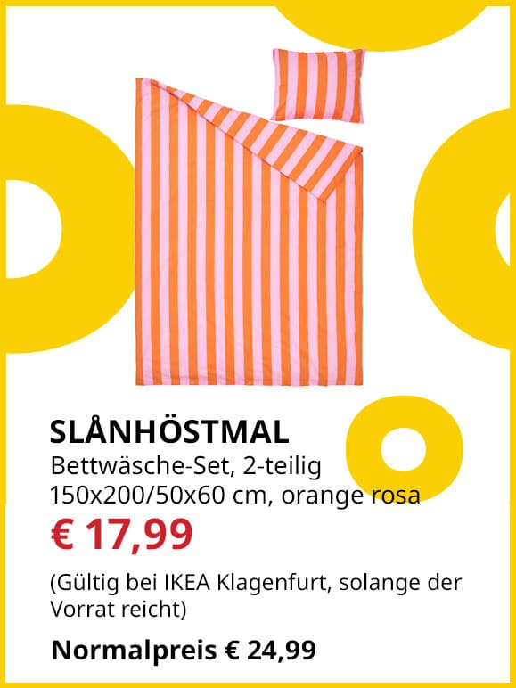 2-teiliges Bettwäsche-Set  Slanhöstmal, 150x200/50x60cm, orange rosa gestreift, statt € 24,99 um € 17,99.