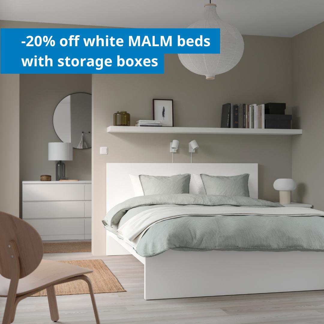 -20% off white MALM beds with storage boxes