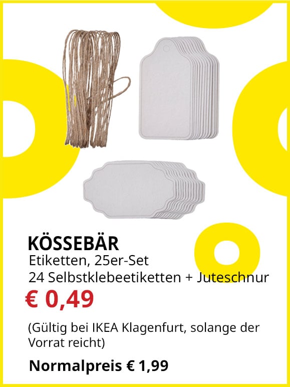 25 teiliges Etiketten-Set Kossebär, 24 selbstklebende Etiketten + 5m Juteschnur, statt € 1,99 um € 0,49.