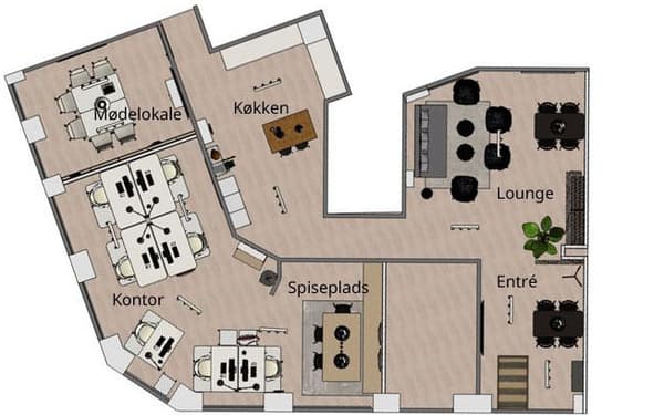 2D plantegning

2D grundplan af virksomheden set fra oven med møbler.