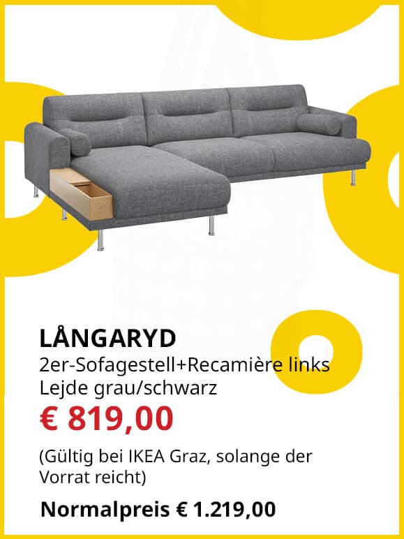 2er-Sofagestell mir Recamiere links Lågaryd, Lejde grau/schwarz, statt € 1219 um € 819.