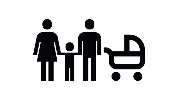 大人2人と子ども、ベビーカーを示す黒いアイコン。