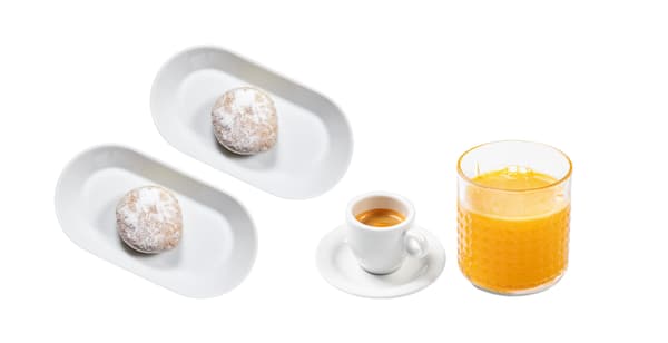 2x koblížek, espresso, pomerančový džus