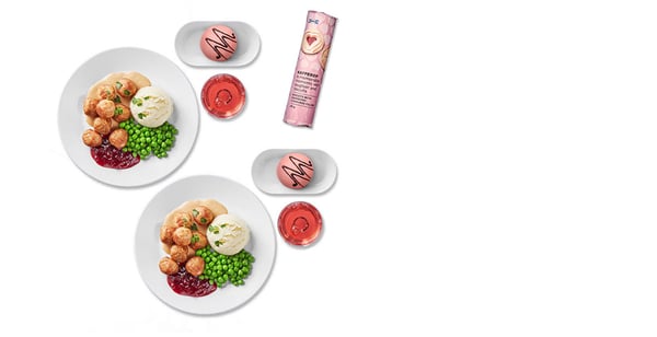 2x Švédské masové kuličky 12ks, 2x Princeznin dort, 2x bezedný nápoj, 1x KAFFEREP sušenky, s náplní s příchutí malin 