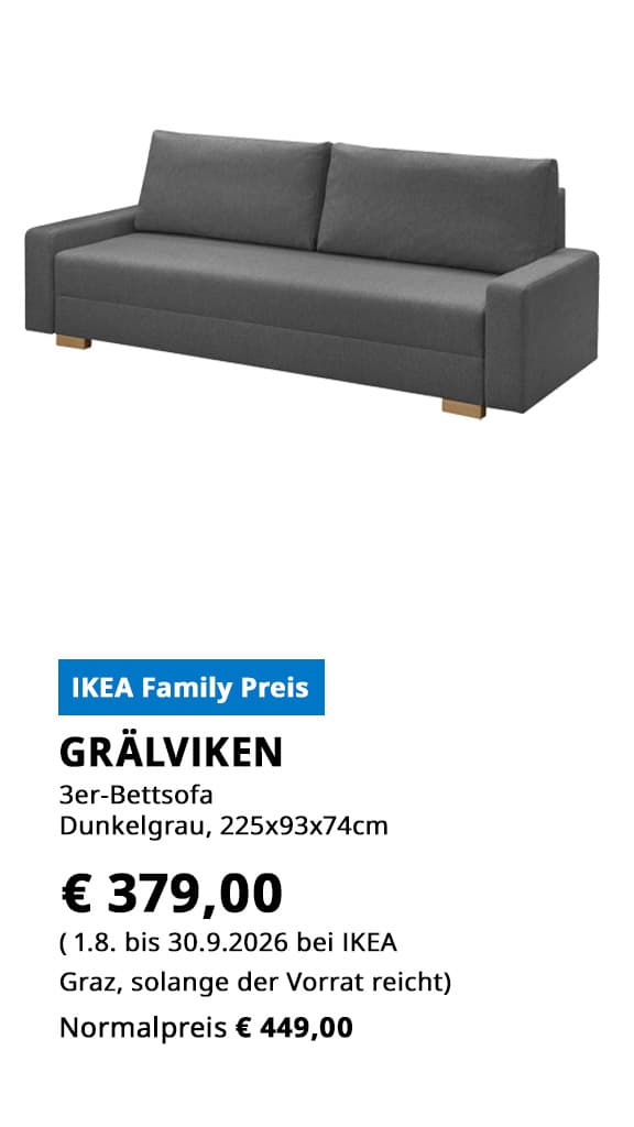 3-er Bettsofa GRÄLVIKEN, dunkelgrau, statt € 449 zum IKEa Family Preis von € 379.