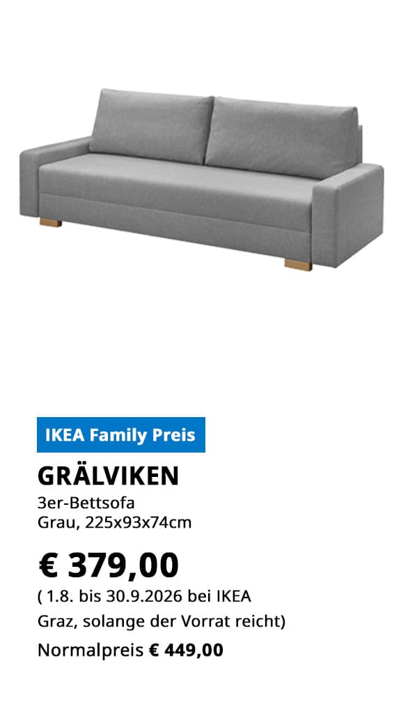 3-er Bettsofa GRÄLVIKEN, grau, statt € 449 zum IKEa Family Preis von € 379.