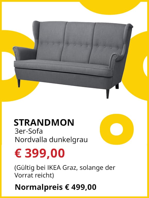 3-er Sofa Strandmon, Bezug Nordvalla dunkelgrau, statt € 499 um € 399.