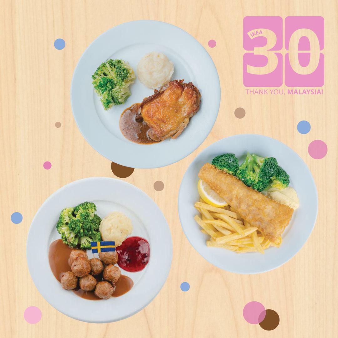 3 main meals food promo: 8 pcs of meatballs, fish & chips, or chicken chop.