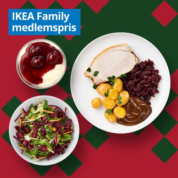 3-retters julemenu
Flæskesteg med brunede kartofler, rødkål og sovs, vintersalat med rodfrugter, kål og tranebær samt risalamande med kirsebærsauce

IKEA Family medlemspris

109.-

Ikke-medlemspris: 126.-